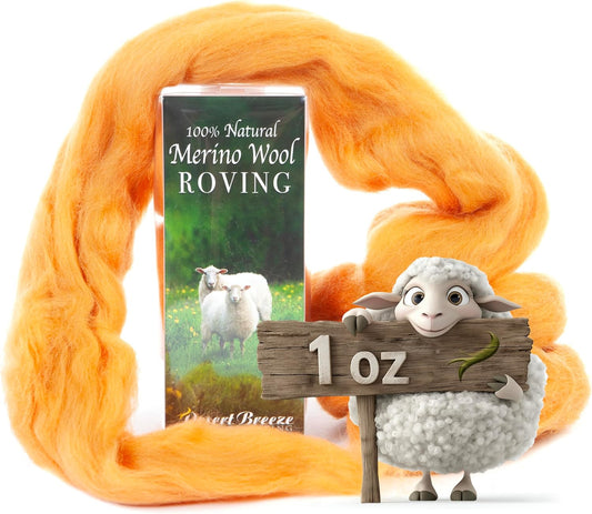 Desert Breeze Distributing 100% Natural Merino Wool Roving - Premium Combed Top Merino Roving Wool - Tapestry, Spinning, Wet Felting & Needle Felting Supplies - 21.5 Micron - 1 oz, Color Tangerine