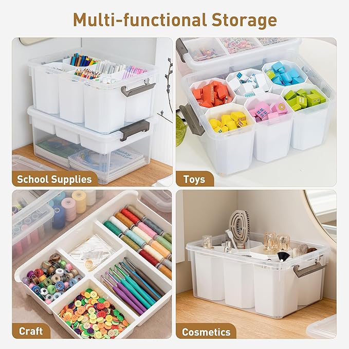Citylife 17 QT Plastic Storage Box with Removable Tray and 6 Detachable Tall Inserts Craft Organizers and Storage Clear Storage Container for Organizing Crayon, Craft, Sewing, Playdoh, 2 Packs