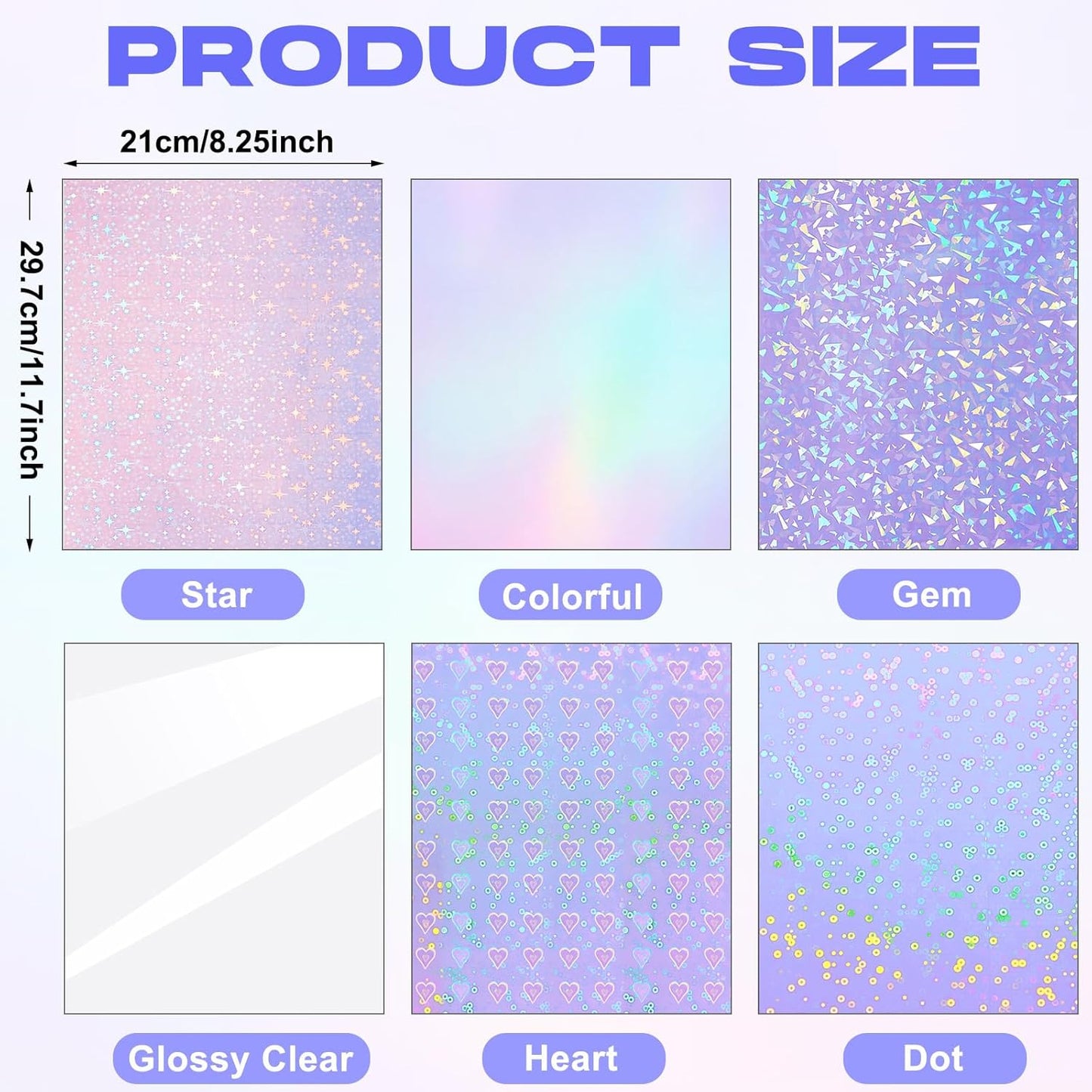 Clabby 36 Sheets Holographic Sticker Paper A4 Vinyl Sticker Paper Self Adhesive Waterproof Transparent Film, 11.7 x 8.3 inches (Gem, Dot, Colorful, Star, Heart, Glossy Clear)