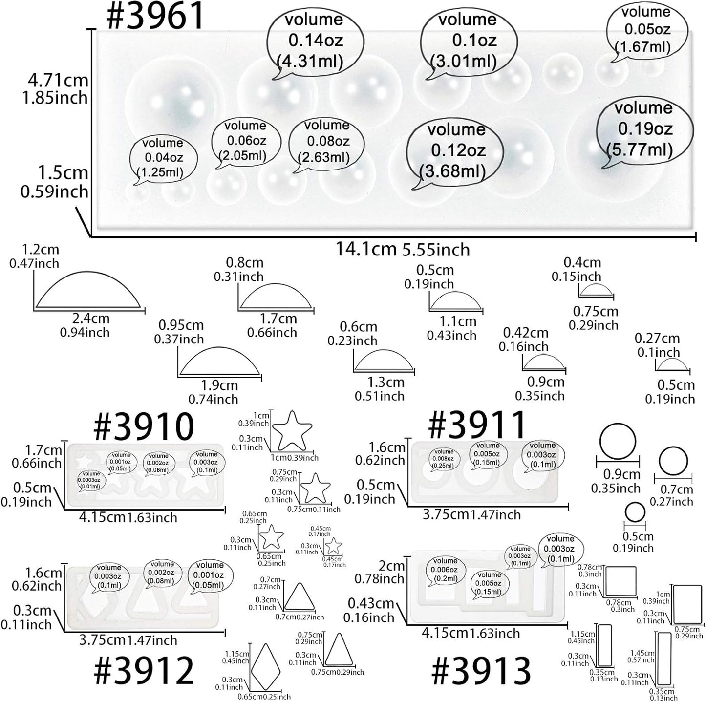 Cabochon Gemstone Silicone Mold for Fondant Cake Decoration, Polymer Clay Craft, UV Resin Epoxy Casting, Jewelry Making Shapes of Dome Circle Star Triangle Square Rectangle Bar 31-Cavity