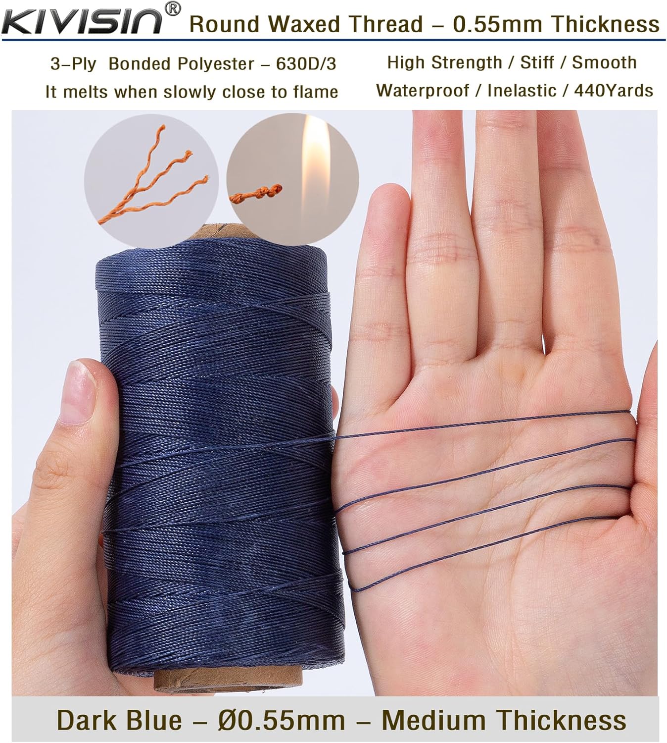 Round Waxed Polyester Thread 0.55mm, 440 Yards, Dark Blue, Stiff 3 Ply Leather Wax String for Hand Sewing, Beading, Knotting, Book Binding, Upholstery, Macrame Jewelry and Bracelets Making
