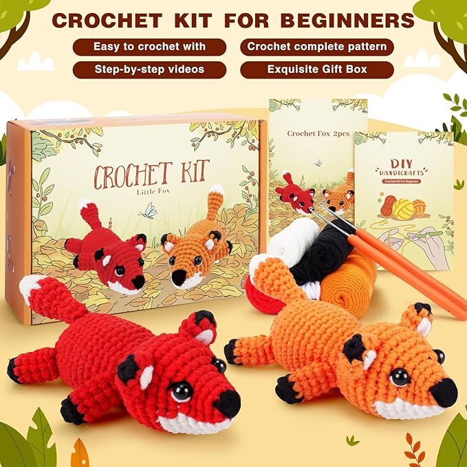 Fortuning's JDS Crochet Kit for Beginners - 2 PCS Fox Crochet Kits with Step-by-Step Video Tutorials, Beginner Crochet Kit for Adults, Crochet Animal Kit for Kids, Crochet Fox Set (Orange & Red)