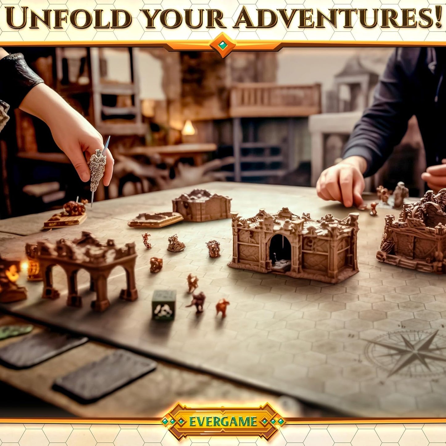 10 DND Game Mats and a lot More - Includes 6 Dungeons & Dragons Board Game Battle Maps (1" Hex Grid), Huge Size 22x26-4 3D Battle Arenas, 140+ Reusable Stickers, 4 Markers & Eraser, by EverGame