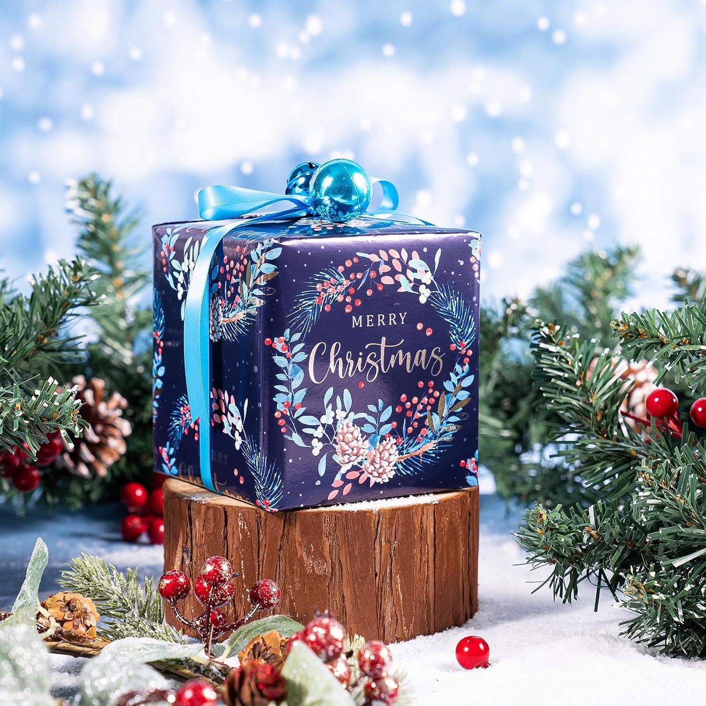 WRAPAHOLIC 30 Inch Christmas Wrapping Paper Roll - Jumbo Roll Drak Blue Bird, Christmas Garland and Snowflake Holiday Collection with Metallic Foil Shine - 4 Rolls - 30 Inch x 120 Inch Per Roll