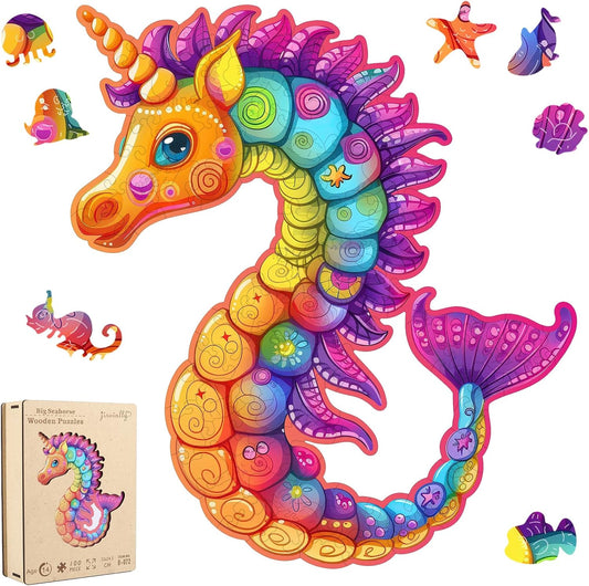 Wooden Puzzles for Adult and Kids, 100 Pieces Ocean Puzzle, Unique Shaped Seahorse Wooden Preschool Puzzle, Toddler Wooden Puzzle Toy Gift for Family and Friends, Suitable for Family Games