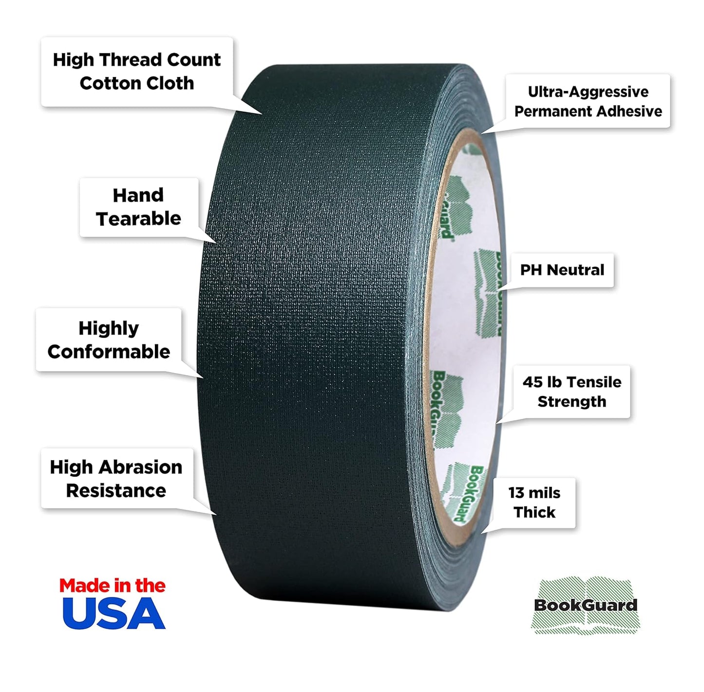 BookGuard 1-1/2 Inch Vinyl-Coated Cotton Cloth Bookbinding Repair Tape, 15 Yard Roll, Forest Green