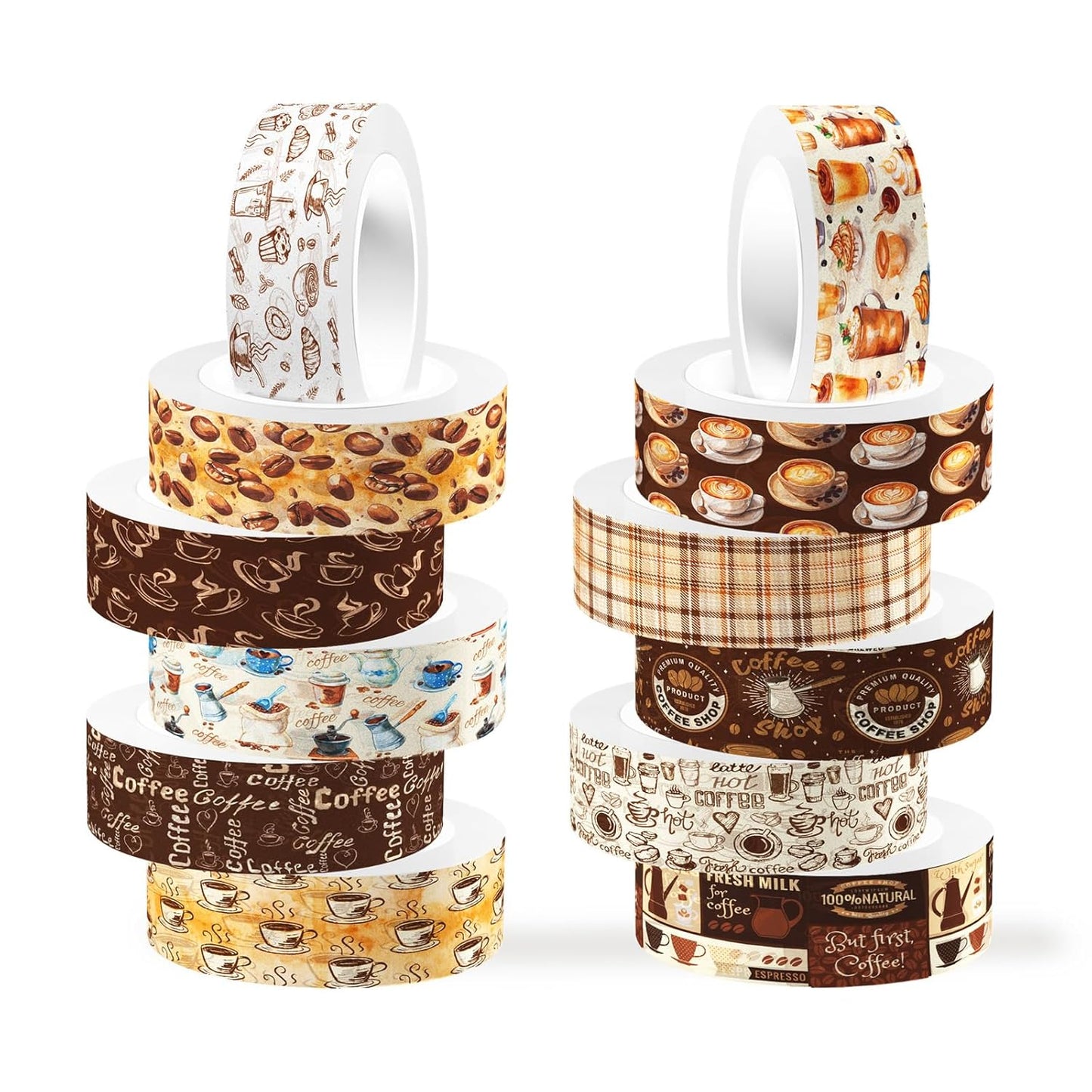 12 Rolls Coffee Washi Tape Set, Vintage Coffee Decorative Tapes, Retro Brown Watercolor Cafe Masking Tape for Journaling, Scrapbooking, Planner, DIY Arts Crafts Supplies, Gift Wrapping 16.4FT