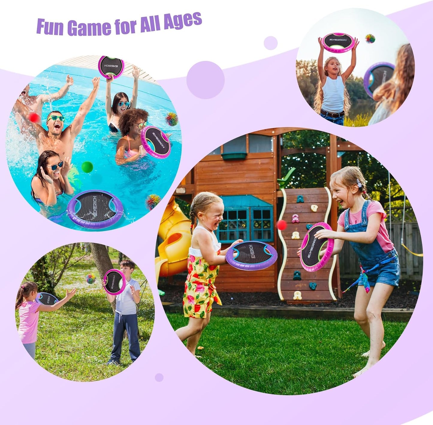 EVERICH TOY Trampoline Paddle Ball Set with 2 Bouncy Paddles & 4 Balls - Soft Foam Design for Kids Play Indoor Outdoor Beach Backyard Lawn - Great Gift Idea for Boys & Girls (Pink & Purple)