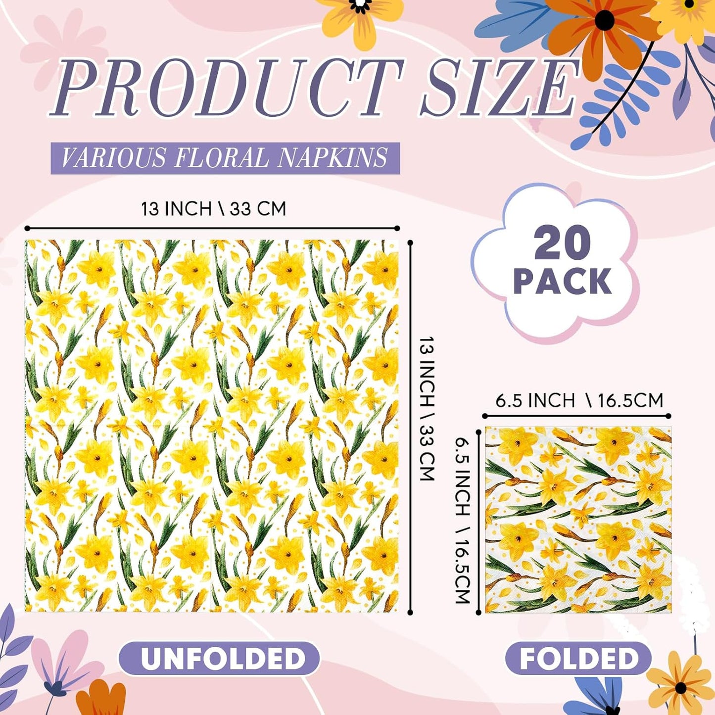 Crtiin 20 Pack Assorted Floral Napkins for Decoupage Toilet Napkins Flower Cocktail Decorative Paper for Birthday Party Beautiful Gorgeous, 20 Styles Each 6.5 inches(Style 2)