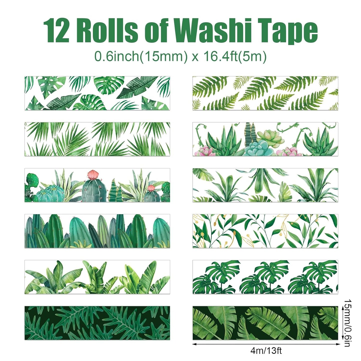 12 Rolls Greenery Washi Tape Set, Summer Tropical Leaves Masking Tape, Green Plants Cactus Succulents Decorative Tape Sticker for Scrapbook Journal DIY Craft Gift Wrapping 16.4FT