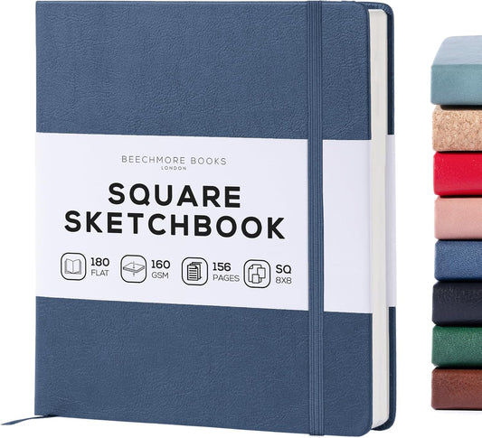 Beechmore Books Square Sketchbook – 8x8 Premium Vegan Leather Bound Large Sketch Book Hardcover with 156 Thick 160gsm Perforated Ivory Pages, Blank Sketch Pad, Gift Boxed Back Pocket, Ribbon Bookmark