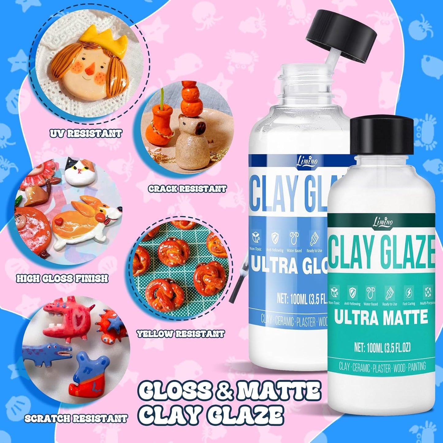 Air Dry Clay Glaze - Upgraded Polymer Clay Glaze, 2 x 100ml Ultra Gloss and Matte Finish Varnish Pottery Glaze, Clay Sealant to Prevent Scratches, Wear, Cracking - Professional Clay Tools, Quick Dry