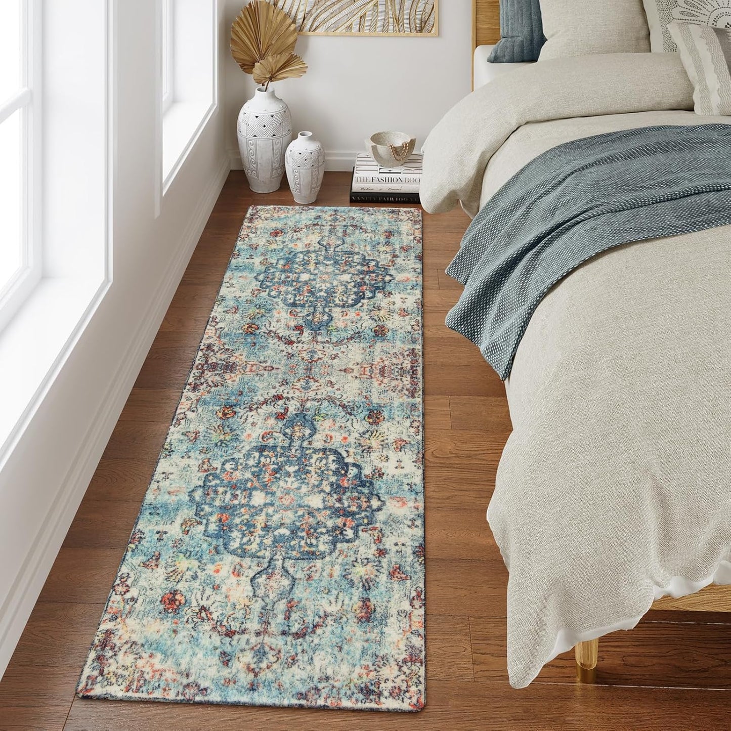 Lahome Bohemian Floral Medallion Runner Rug - 2x6 Hallway Laundry Rug Runner Washable Kitchen Sink Mat Distressed Turkish Non-Slip Soft Bedside Carpet for Doorway Bedroom, Vintage Teal/Multi