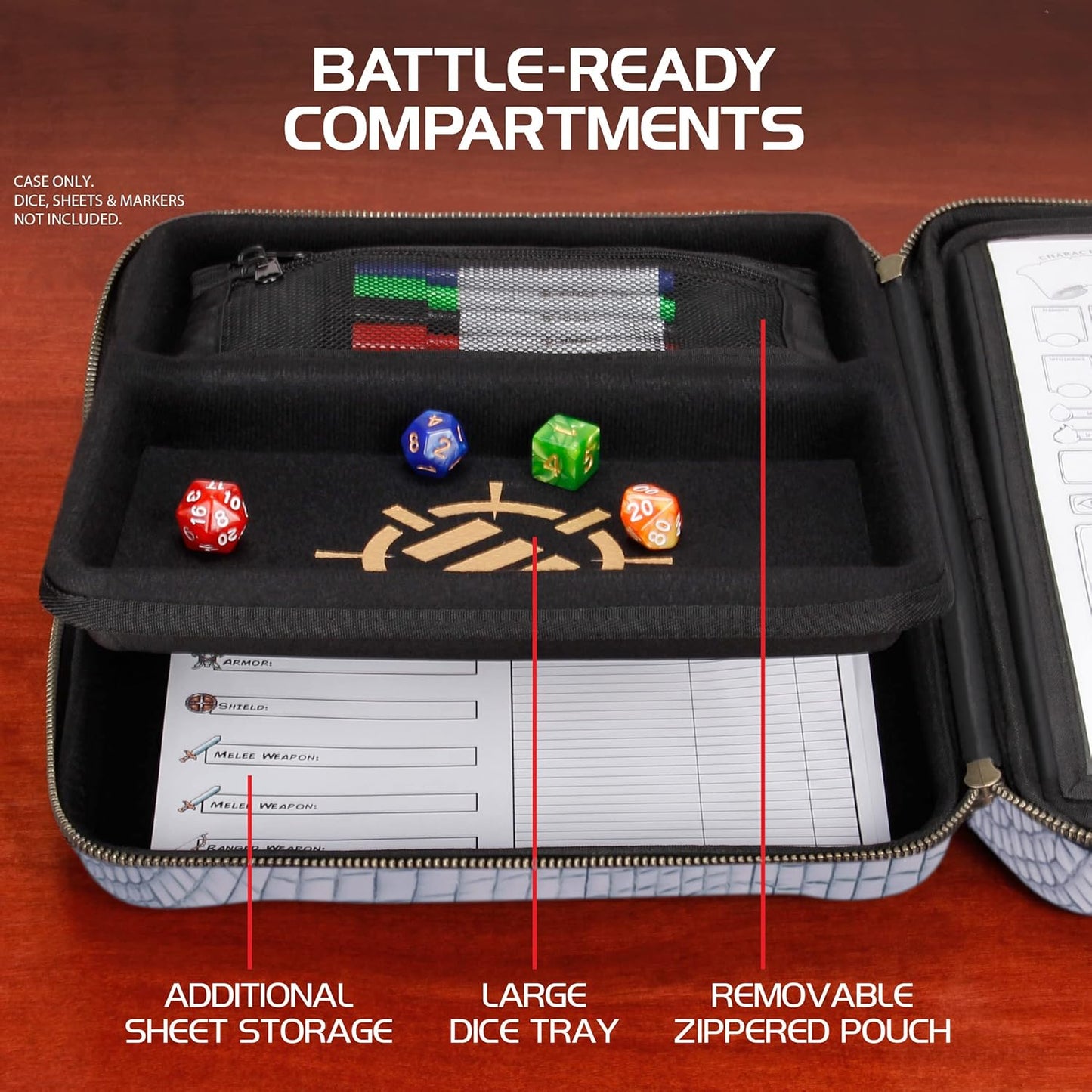 ENHANCE RPG Organizer Case - DnD Binder with Built-in Character Sheet Holder and Erasable Scribe Panel, Dice Rolling Area, Removable Pen Pouch, Miniature Foam Tray, Wrist Strap