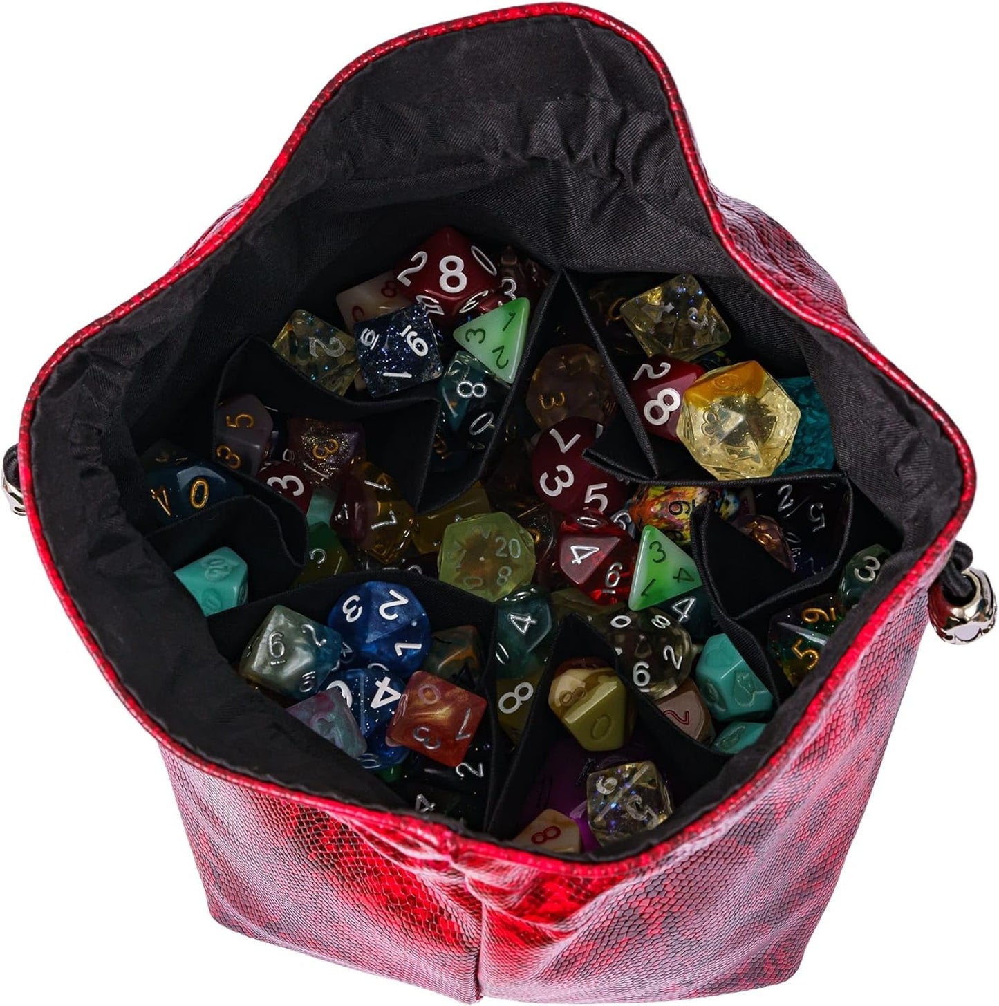 Large DND Dice Bag Leather Dice Storage Bag Red D&D Drawstring Pouch with Pockets for RPG Table Games - Can Hold 200+ Dice