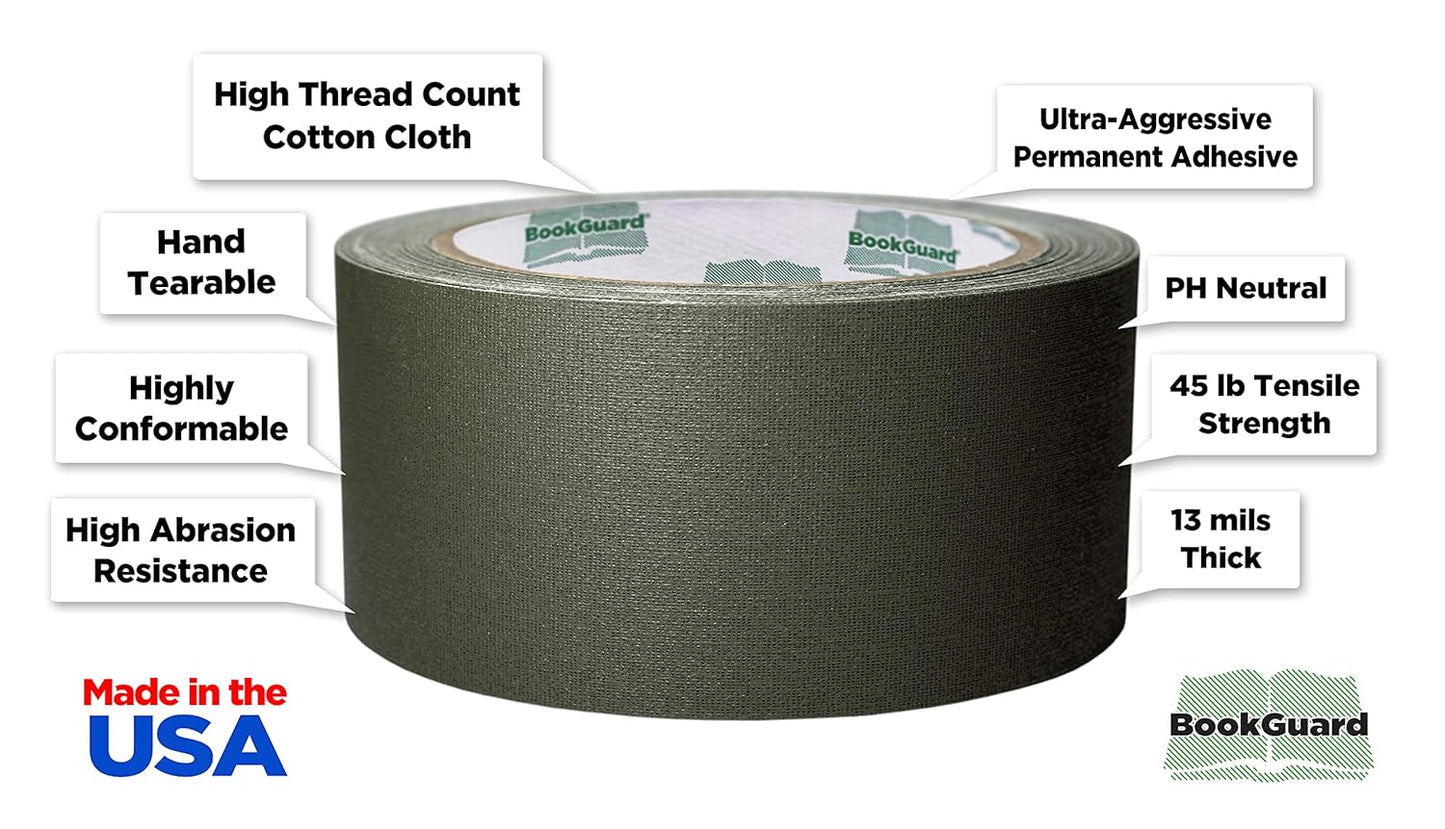 BookGuard 2 inch Premium Bookbinding Repair Cloth Tape, 15 Yard Roll, Olive