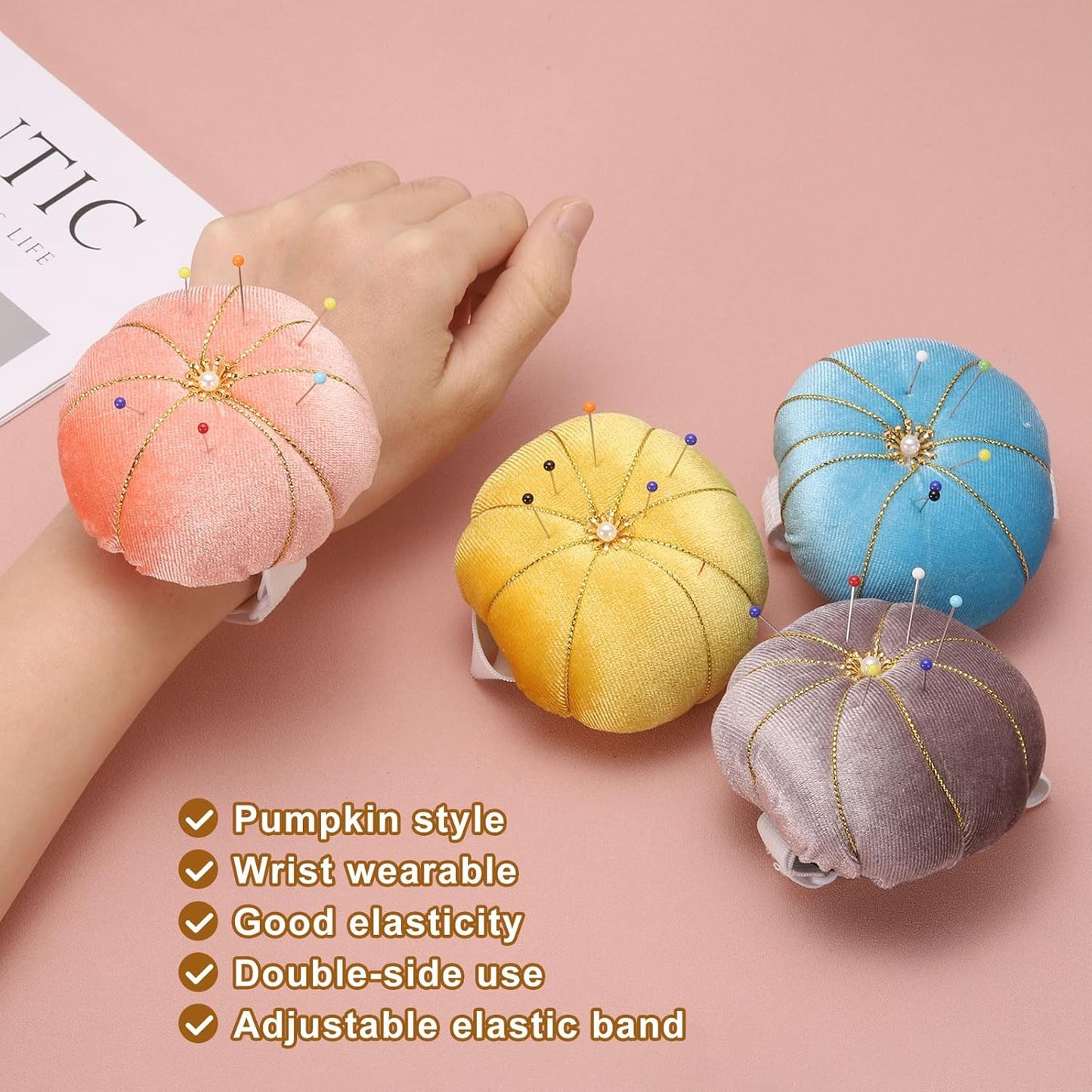 HARFINGTON Wrist Pin Cushion Wristband Sewing Pincushion Polyester Pin Holder Wearable Pumpkin Shaped Needles Wristband with 100 Head Needles for Sewing Quilting DIY Crafts, Green