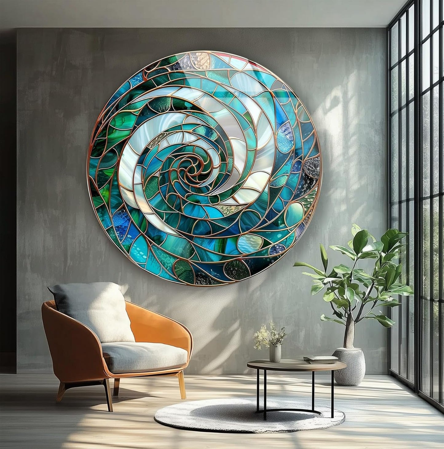 My Photostation.com 31.5''(80cm) Diameter Aqua Spiral Harmony Round Glass Wall Art Tempered Glass Printing Wall Decor Large Wall Art Wall Hangings