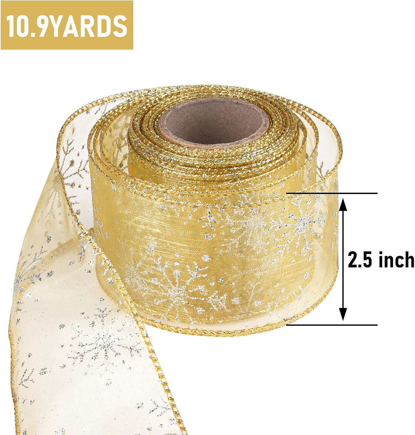 2.5 Inch Wide Christmas Wired Ribbon Snowflake Organza Sheer Glitter Ribbon for Xmas Tree, Wreath, Party Decoration, Gift Wrapping (Golden, 10.9 Yards)
