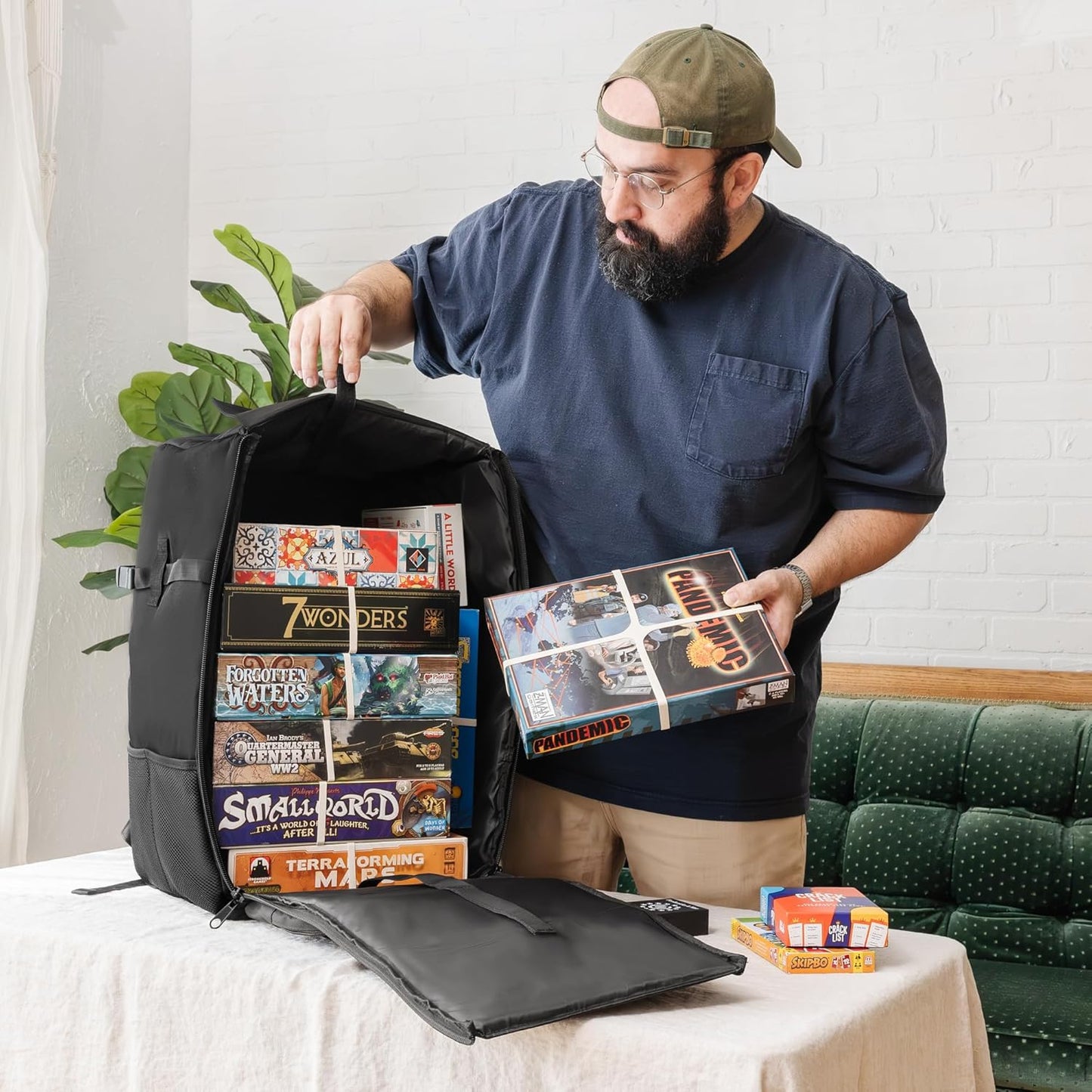 Board Game Backpack with 10 Board Game Bands, Padded Straps, Carrying Handle, Pockets for Small Games and Accessories