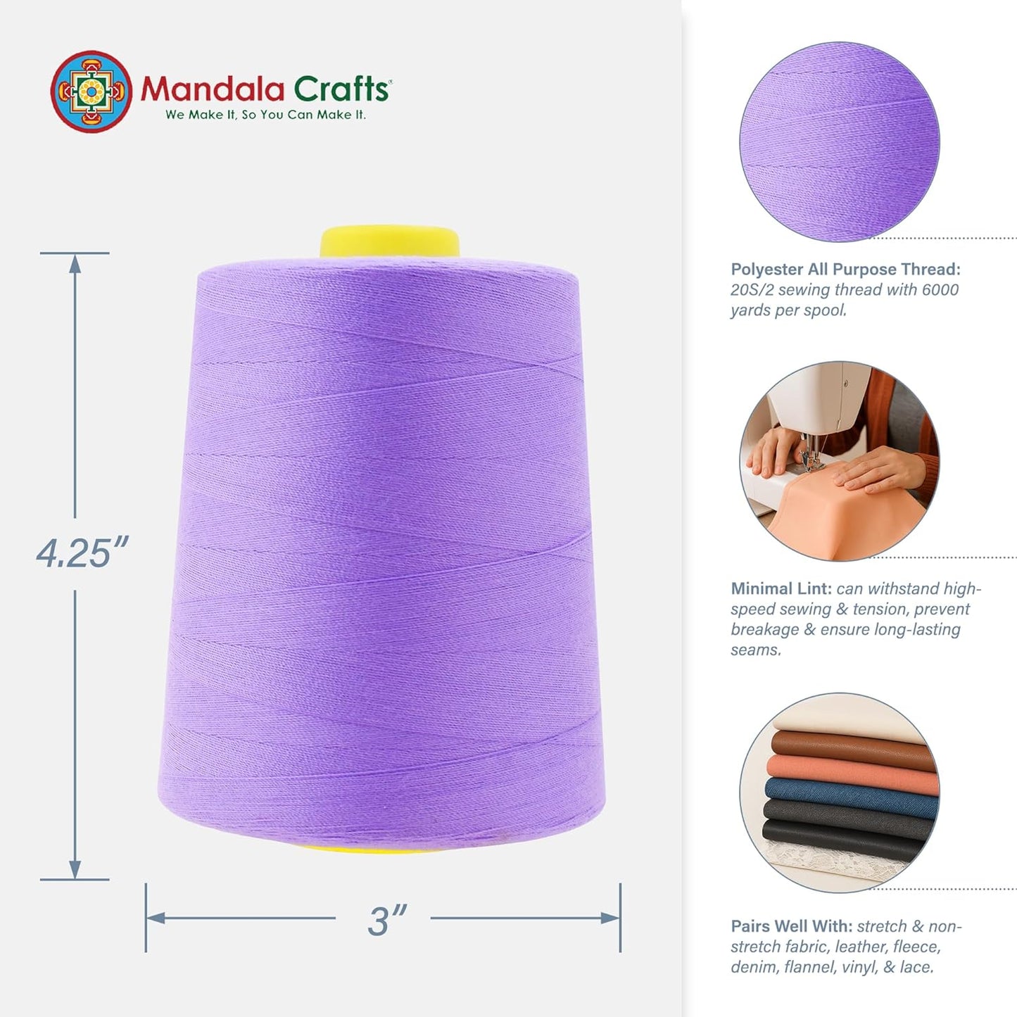 Mandala Crafts 4 Pack of Serger Threads Cones Spools - 20S/2 24000 Yards Polyester Lilac Threads for Sergers Machine and Overlock Quilting Sewing Machine
