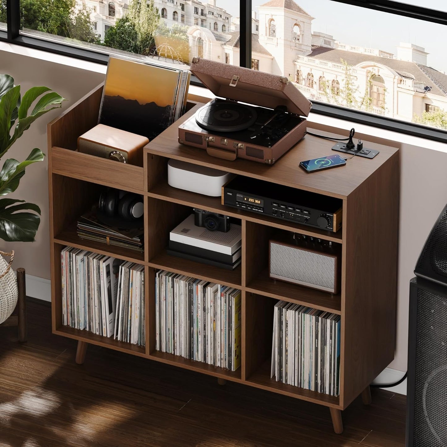 Cozy Castle Large Record Player Stand, Vinyl Storage Cabinet Mid Century Modern Turntable Stand Media Console Table Open Shelf Cube CD Album Holder Organizer for Living Room, Office, Brown