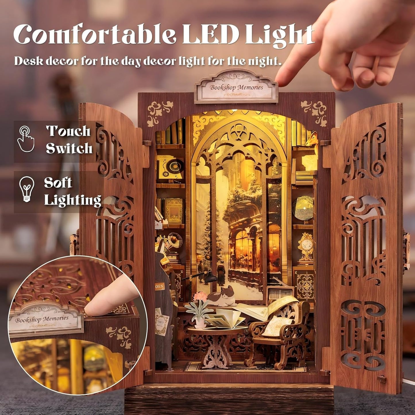 Fsolis Book Nook Kit, DIY Miniature Dollhouse Kit 3D Puzzles for Adults and Beginners, 127 Wooden Pieces, Tiny House Mini Booknook Craft Bookshelf Decor, Gifts for Women Book Lovers(Bookshop Memory)