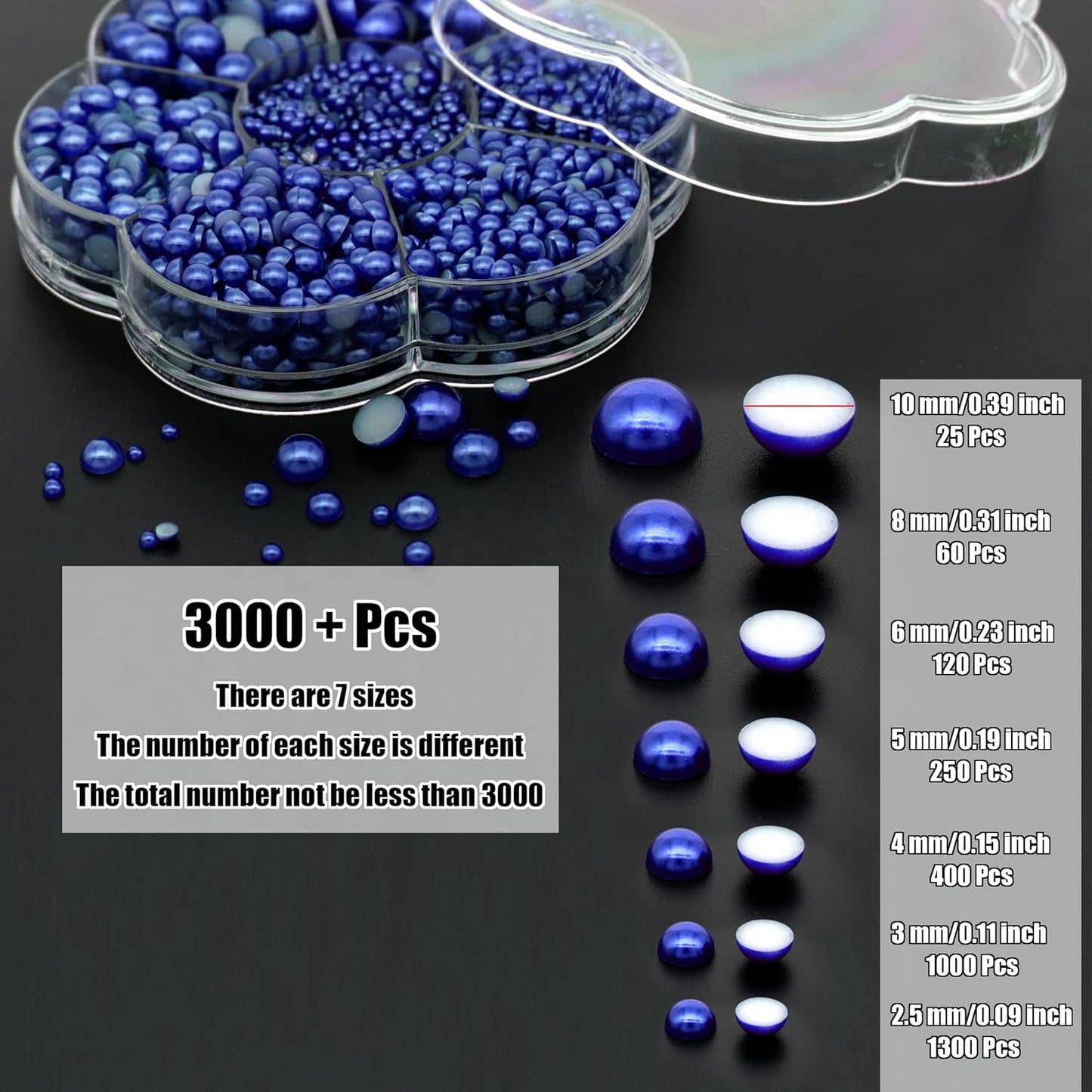 YAKA 3000PCS 1 Box 7Sizes 2.5/3/4/5/6/8/10mm Flat Back Half Round Pearl Cabochon Bead Loose Beads Gem for Nail Craft Scrapbook DIY Decoration (Bronze Blue)