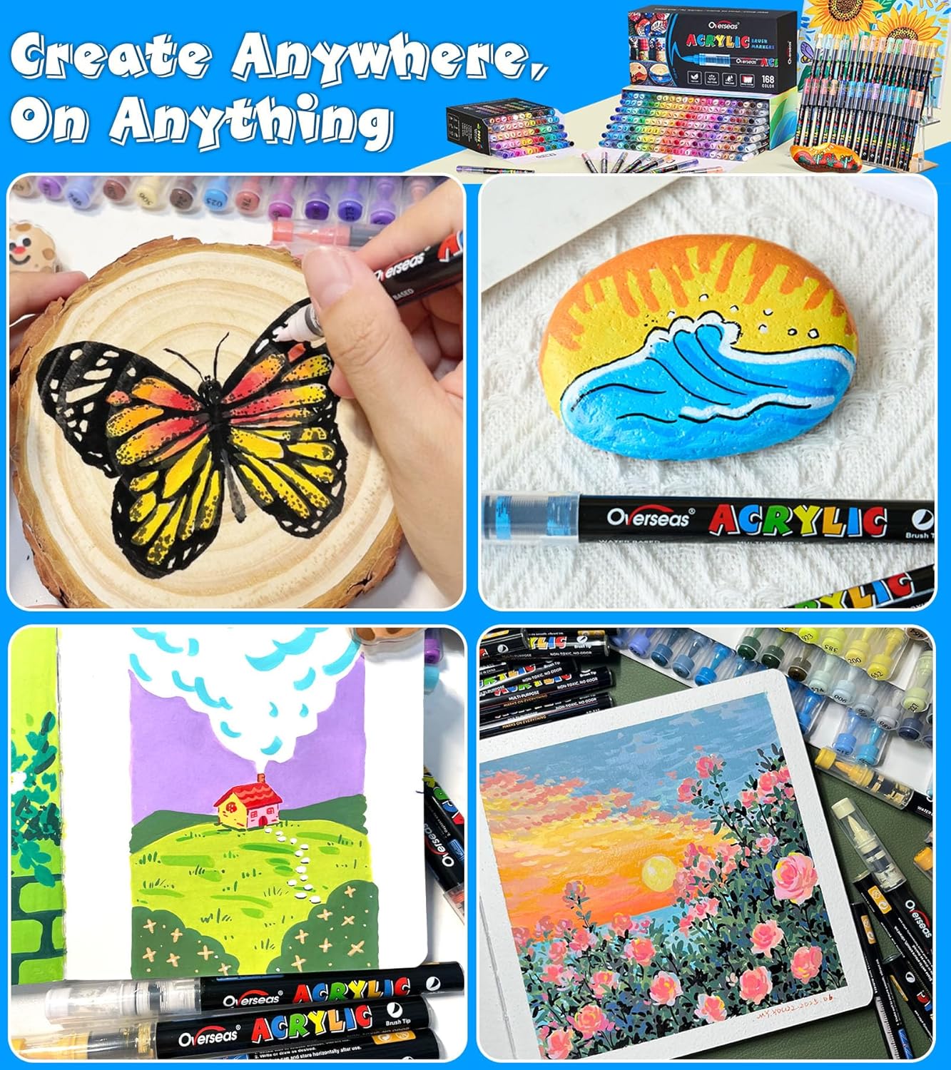 Overseas Acrylic Paint Markers 120 Colors, Brush Tip Paint Pens with Automatic Ink Control System, Quick Drying Liquid Ink Acrylic Marker for Rock, Wood, Canvas, Glass, Fabric, Metal, Plastic, Rubber