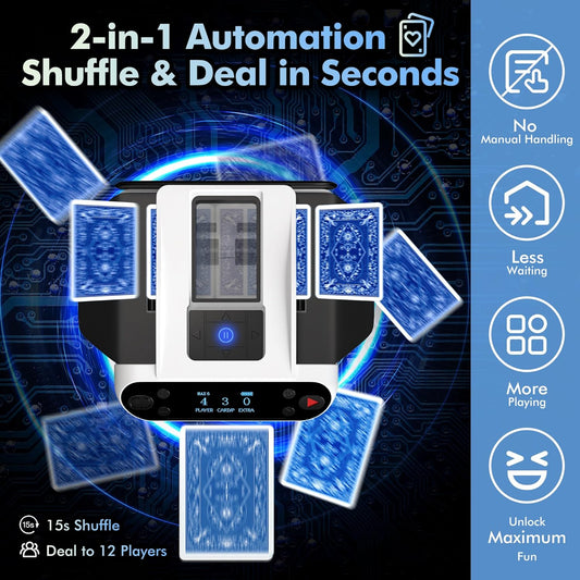 Automatic Card Shuffler and Dealer Machine 360° Rotation, Supports 12 Players, Rechargeable Card Shufflers, UNO Shuffler Card Machine Perfect for Rummy, Poker, Phase 10, Skip-Bo, Texas Hold'em