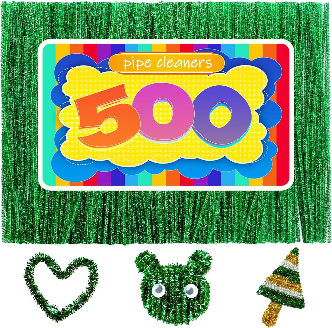GAGANIU 500pcs Pipe Cleaners, Pipe Cleaners for Crafts, Craft Supplies Multicolor Chenille Stems for Art&Craft Christmas DIY Projects(Green Glitter)