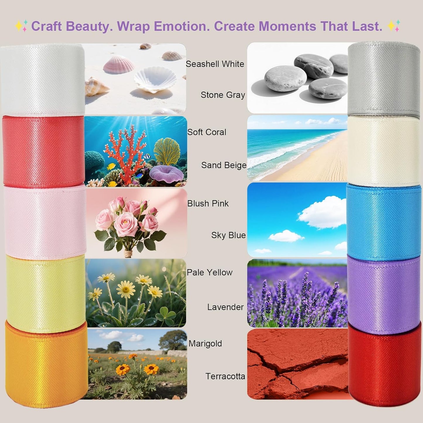 1-1/2 Inch Double-Faced Satin Ribbon 50 Yards Set,“Morning Meadow”–10 Nature Colored Ribbon Bulk for Gift Wrapping, Crafts, Flower Bouquet, Easter, Wedding, Party Decor, Teacher Kids, Hair & Bows