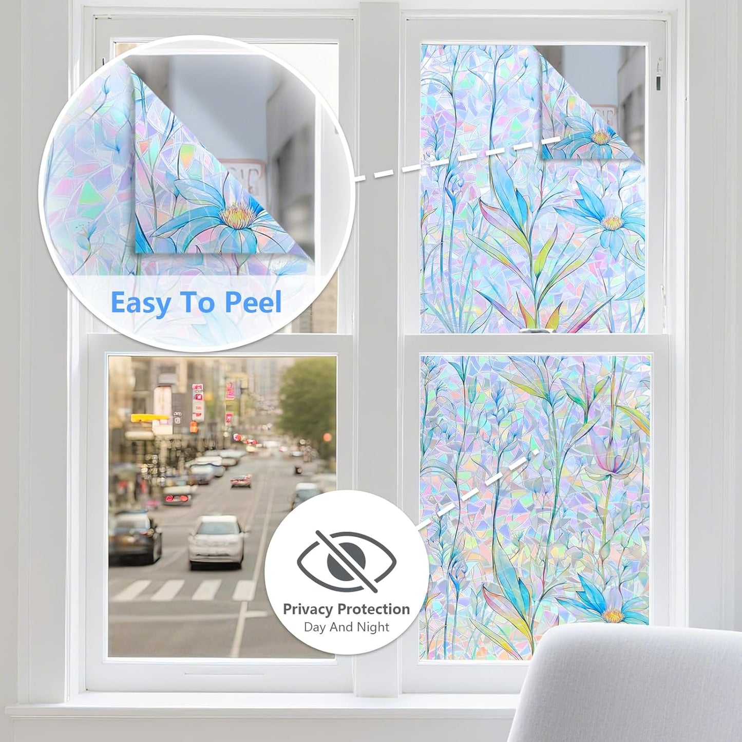 FINNEZ Window Privacy Film Stain Glass Film Flowers Rainbow Window Film Window Clings Non-Adhesive Reusable Decorative for Home（Blue Lotus，45.2 Inch x 6.5 Feet）