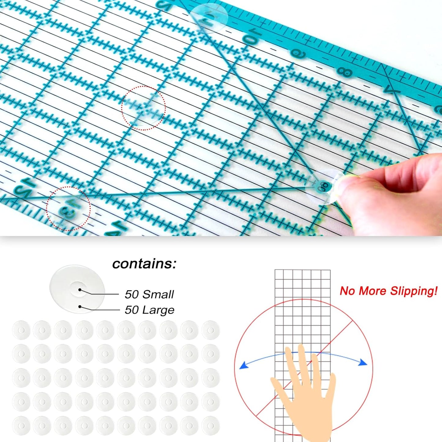 Acrylic Ruler 7 Piece Set, Non Slip Rings 50 Pieces, Quilting Rulers, Size (6"x24"), (2"x24"), (3"x18"), (3"x8"), (1.5"x12"), (1"x12"), (1"x6") (Blue-7 Piece Set)