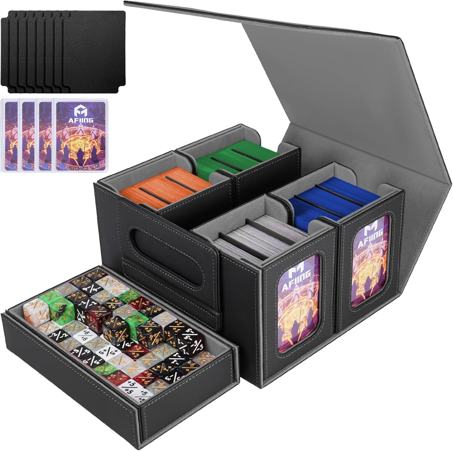 AFIING Commander Deck Box for MTG/EDH, Fits 400+ Double-Sleeved Cards, with Display Window, 4 Removable Deck Cases, Dividers, Dice Tray & Handle, Card Holders for TCG (Black Grey)