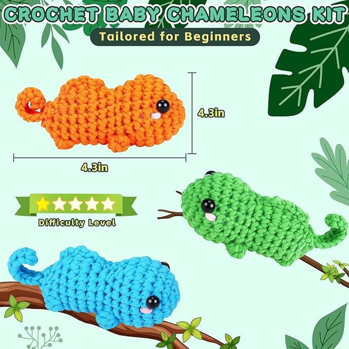 Fortuning's JDS Crochet Kit for Beginners - 3 PCS Baby Chameleon Crochet Kits with Step-by-Step Video Tutorials, Beginner Crochet Kit for Adults Kids, Chameleon Crocheting Set (Orange&Blue&Green)