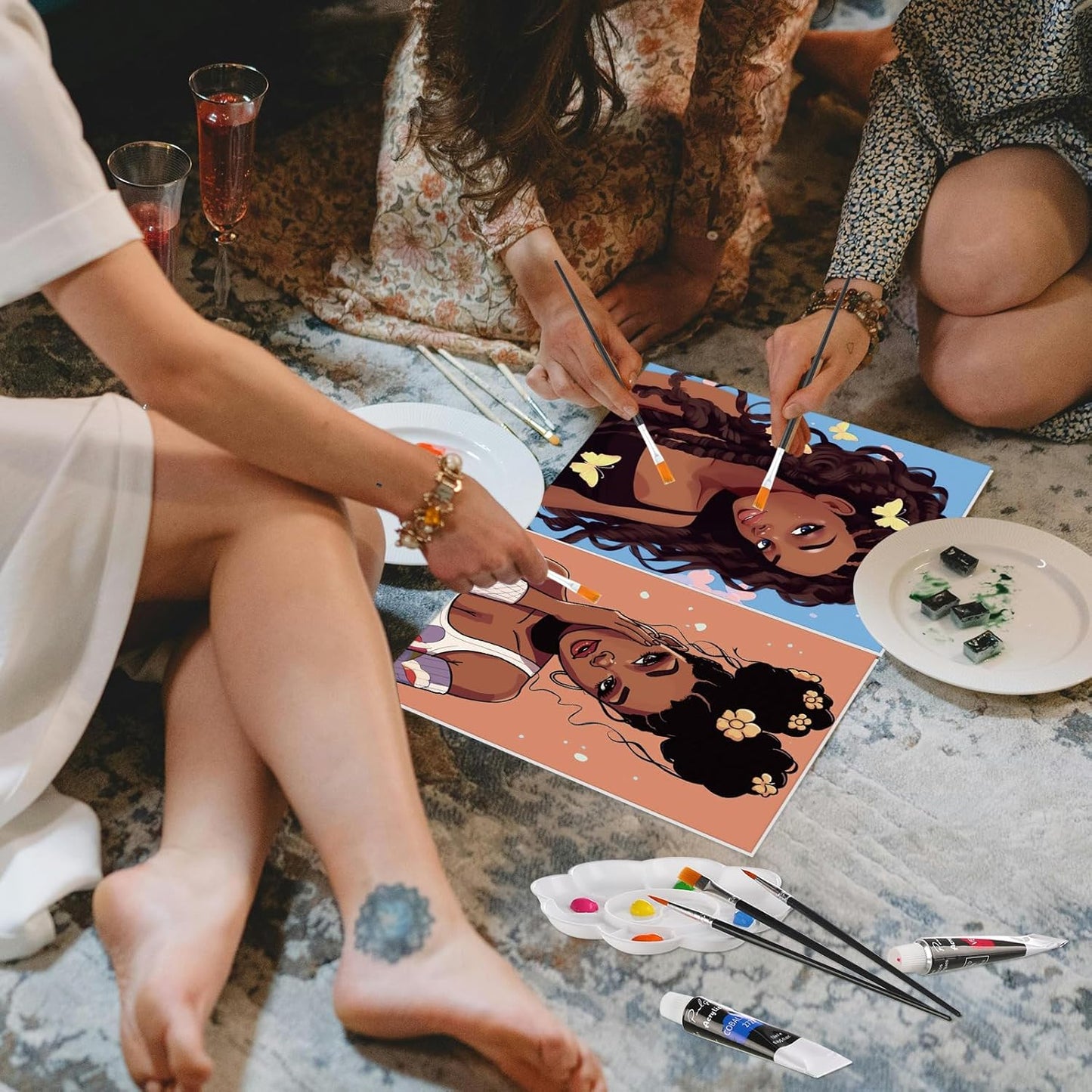 Cholemy 36 Pcs Paint and Sip Kit for Adults 8''x10'' Pre Drawn Canvas for Painting DIY Afro Acrylic Painting Kit Wood Easel Brushes Date Night Bulk for Christmas Party Gifts(Sunshine Lady)