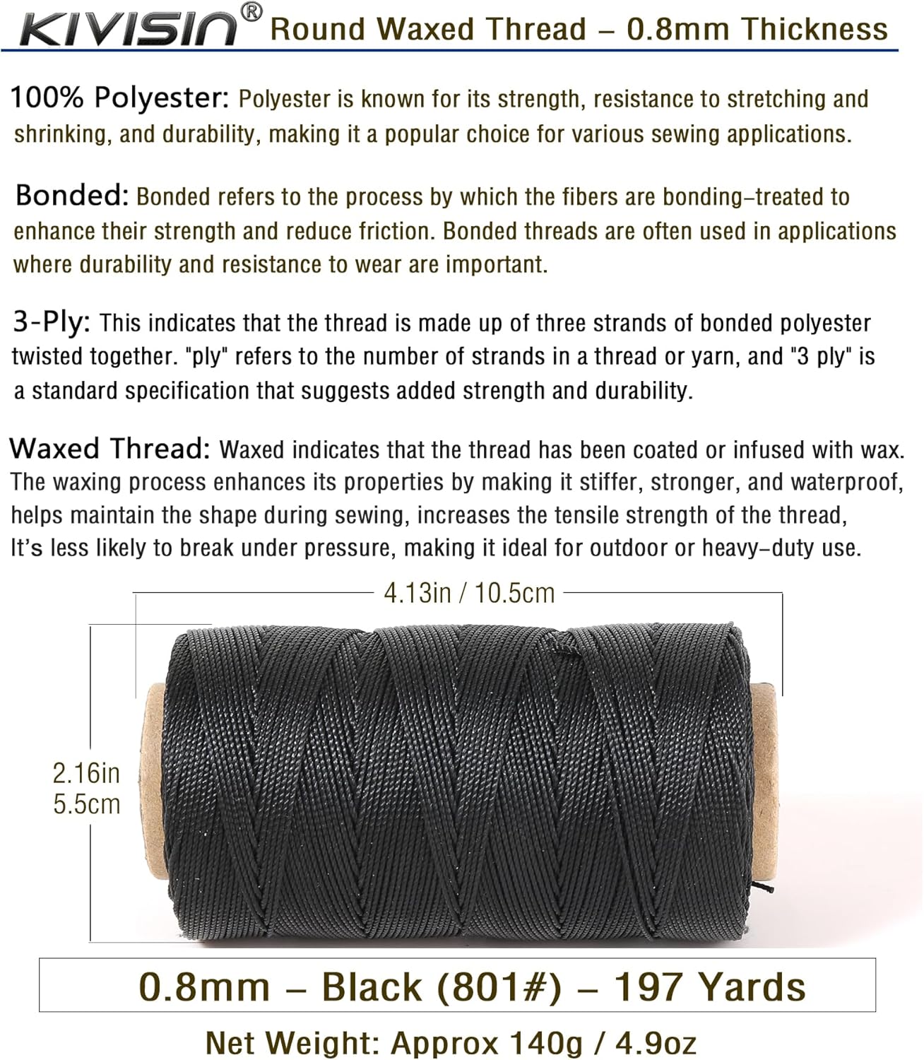 Bonded 0.8mm Round Waxed Polyester Cord, 3-ply Wax Coated Thread, 197 Yards Stiff String for Heavy Duty Fabric, Leather Sewing, Book Binding, Upholstery Repair, and Macrame Jewelry - Black