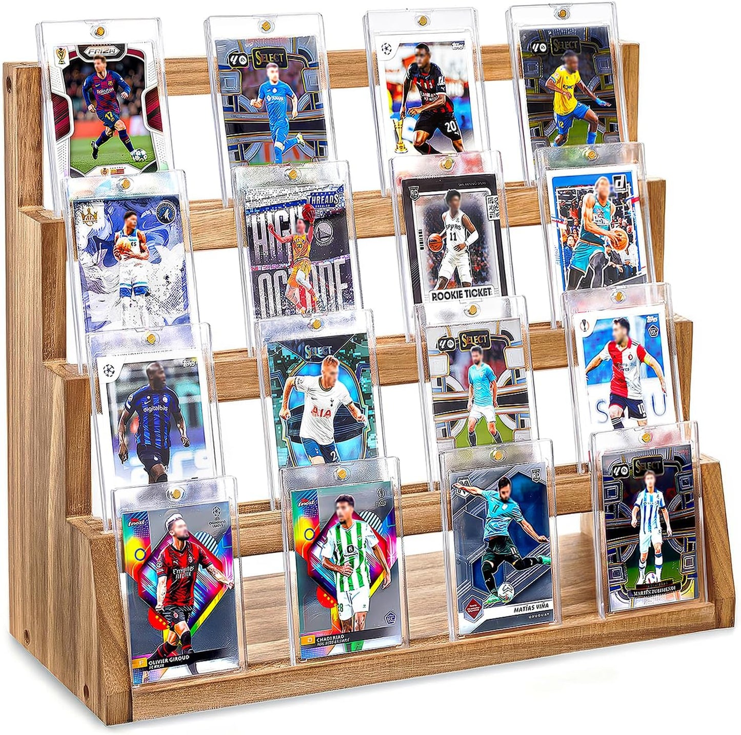 Emfogo Card Display Stand, 4-Tier Trading Card Display, Wooden Graded Baseball Sports Card Display, Trading Card Display Case for Card Collection & Show (Brown)