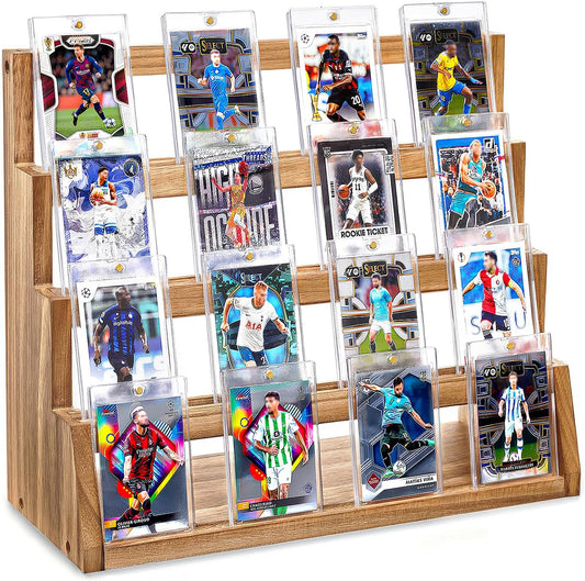 Emfogo Card Display Stand, 4-Tier Trading Card Display, Wooden Graded Baseball Sports Card Display, Trading Card Display Case for Card Collection & Show (Brown)