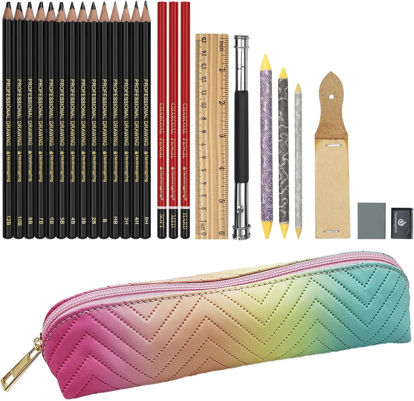 Heshengping 26 Pack Sketching Set Drawing Pencils Kit Art Supplies Include Graphite Charcoal Professional Pencils Set Cute Portable case for Artists Adults Beginners Artist