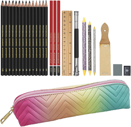 Heshengping 26 Pack Sketching Set Drawing Pencils Kit Art Supplies Include Graphite Charcoal Professional Pencils Set Cute Portable case for Artists Adults Beginners Artist