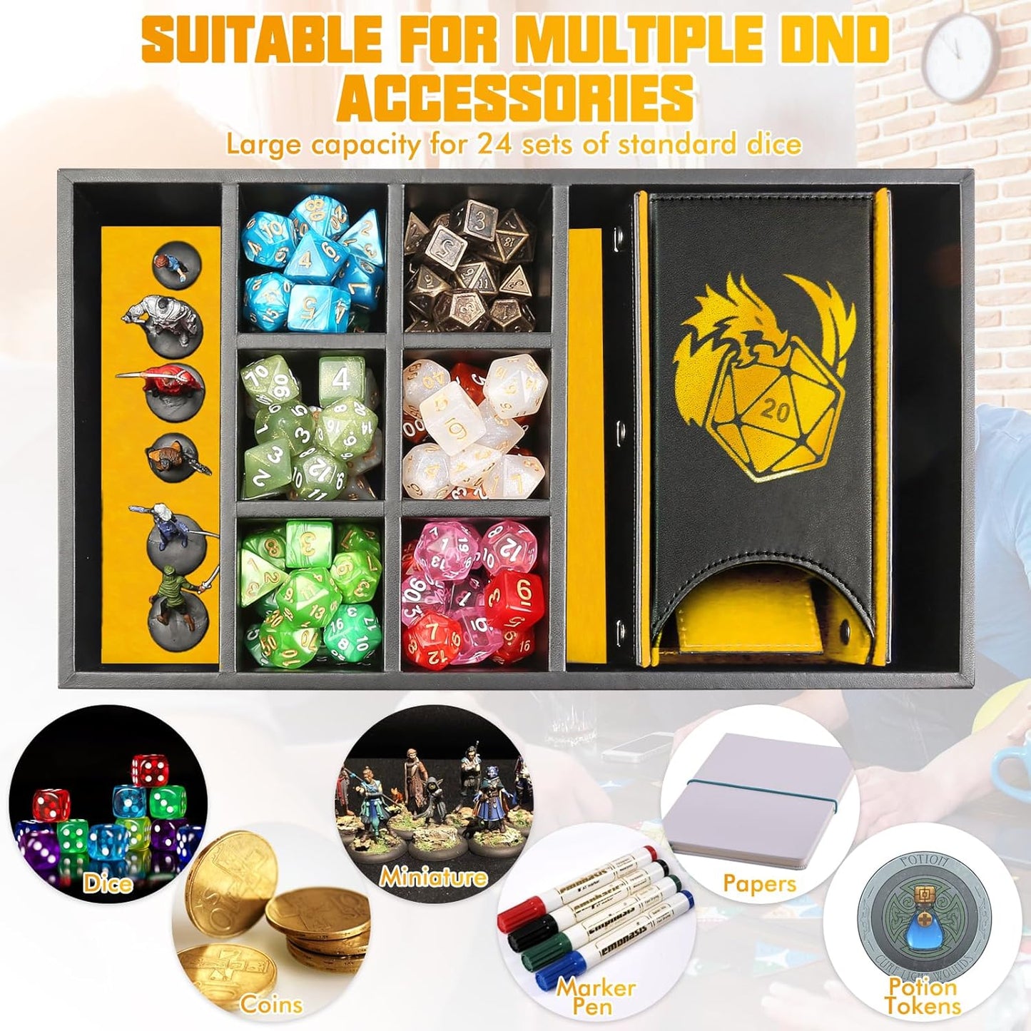 DND Dice Tray & Tower Storage Box, 4 in 1 D&D Dice Holder Case (Dice Rolling Tray, Dice Roller Tower, Dice & Miniature Storage), Great RPG Accessories Gifts for Dungeons and Dragons MTG DM & Player