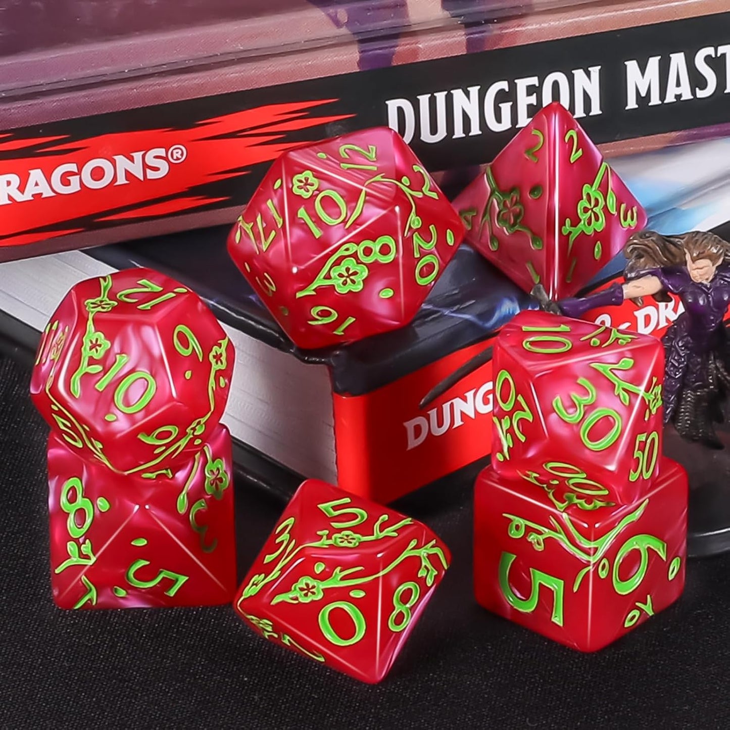 CiaraQ Polyhedral Dice Set (42pc) with 6 Drawstring Dice Pouches for Dungeons and Dragons RPG MTG Table Games. 6 Sets of Plum Blossom Pattern Role Playing Dice