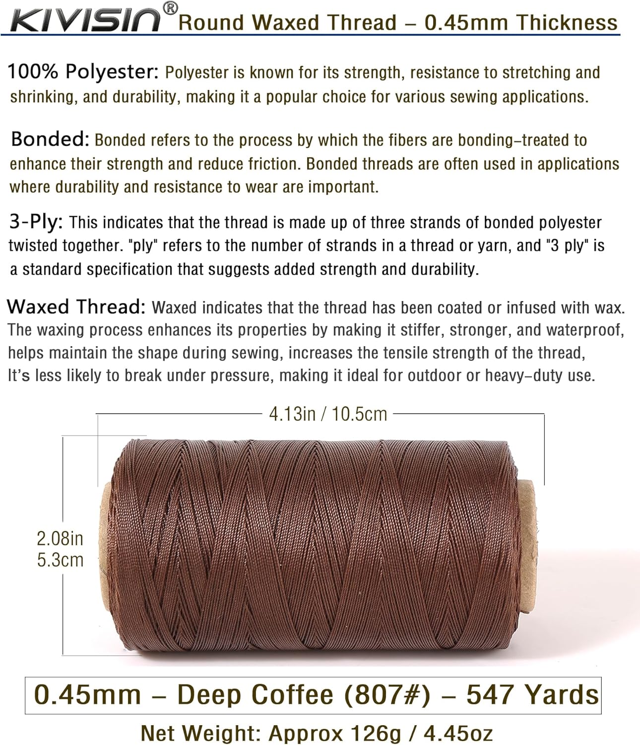 Thin Wax Polyester Thread, 0.45mm, 547 Yards, 3 Ply Round Waxed Cord Strings for Sewing, Beading, Binding, Micro Braiding, Fine Leather Craft and Micro Macrame Jewelry - Deep Coffee