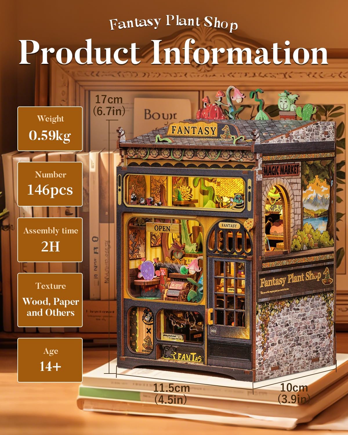 CUTEBEE Book Nook Kit - DIY Miniature House Kit for Beginners, Adults and Teens, Booknook Dollhouse Tiny House Bookshelf Decor 3D Wooden Puzzle Gifts for Family and Friends (Fantasy Plant Shop)