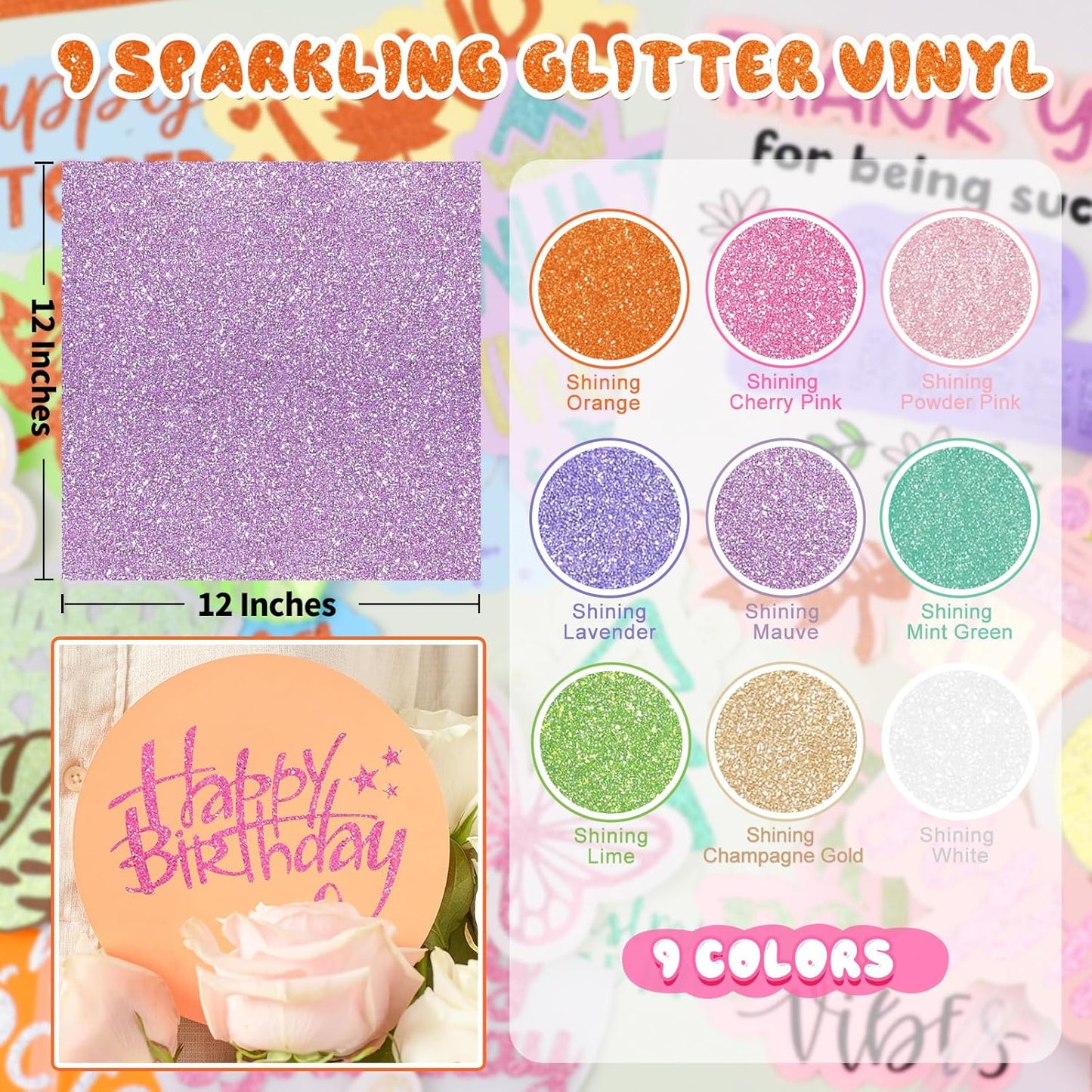 TECKWRAP Glitter Adhesive Vinyl, 12" x 12" 9 Glitter Colors with 1 High Tack Transfer Tape, Permanent Craft Vinyl for Scrap-Booking, Decals, DIY Projects, Home Decor, DIY Project Party Decoration