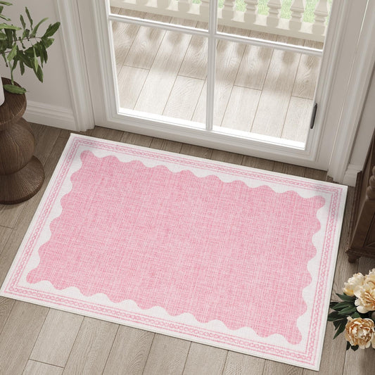 Scalloped Rug 2x3 Rugs for Entryway, Solid Pink Rug for Bedroom Girls, Small Washable Rugs Non Slip Scalloped Bath Mat, Front Door Mat Indoor Entrance, Soft Dorm Nursery Carpet for Kitchen