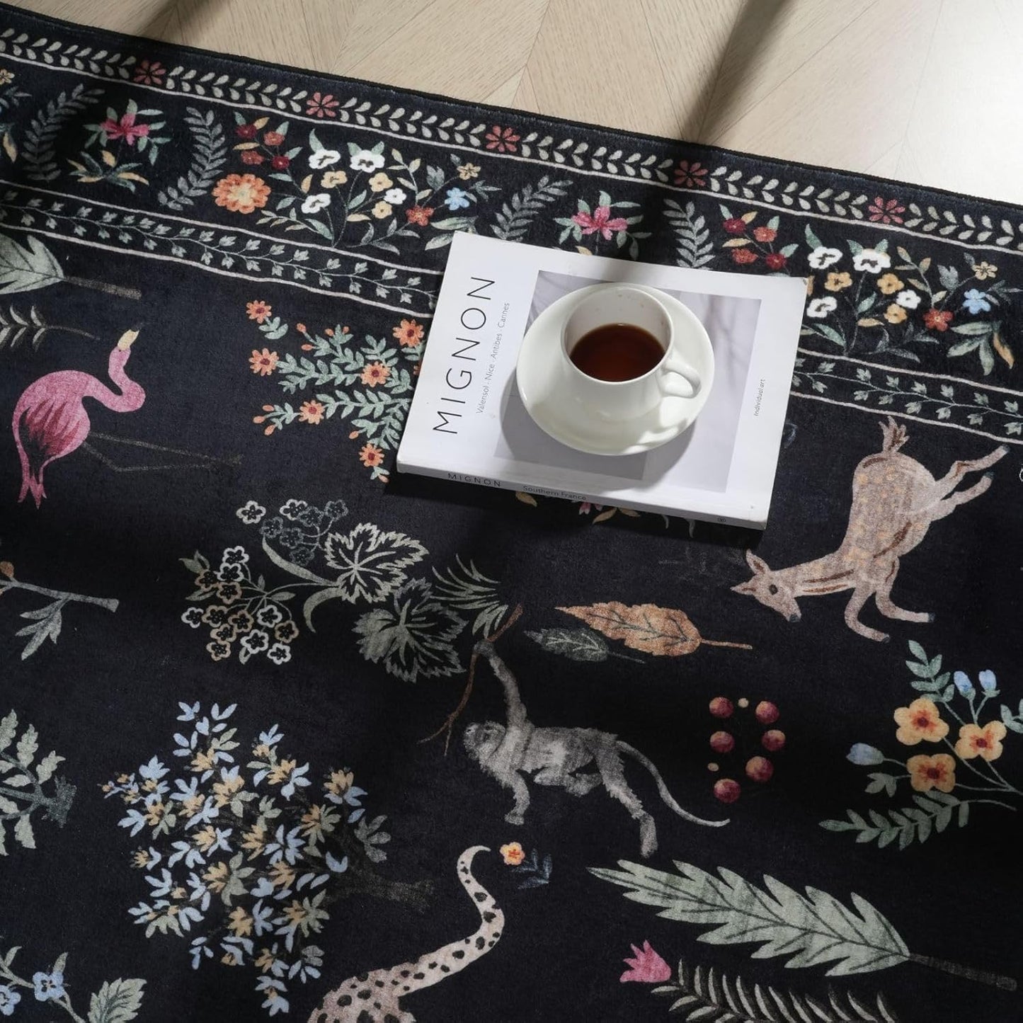 Rugcomf Bedroom Rug 3x5 Rug Washable Area Rug Non Slip Low Pile Boho Floral Animal Small Carpet for Bedroom, Bedside, Kitchen, Entryway, Kids Room, Office, College Dorm Essentials for Girls (Black)