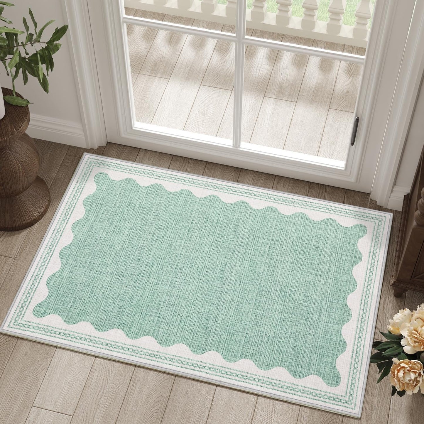 Scalloped Rug 2x3 Rugs for Entryway, Solid Green Rug Small Area Rugs Non Slip Scalloped Bath Mat, Washable Front Door Mat Indoor Entrance,Soft Girls Nursery Dorm Carpet for Bedroom Kitchen